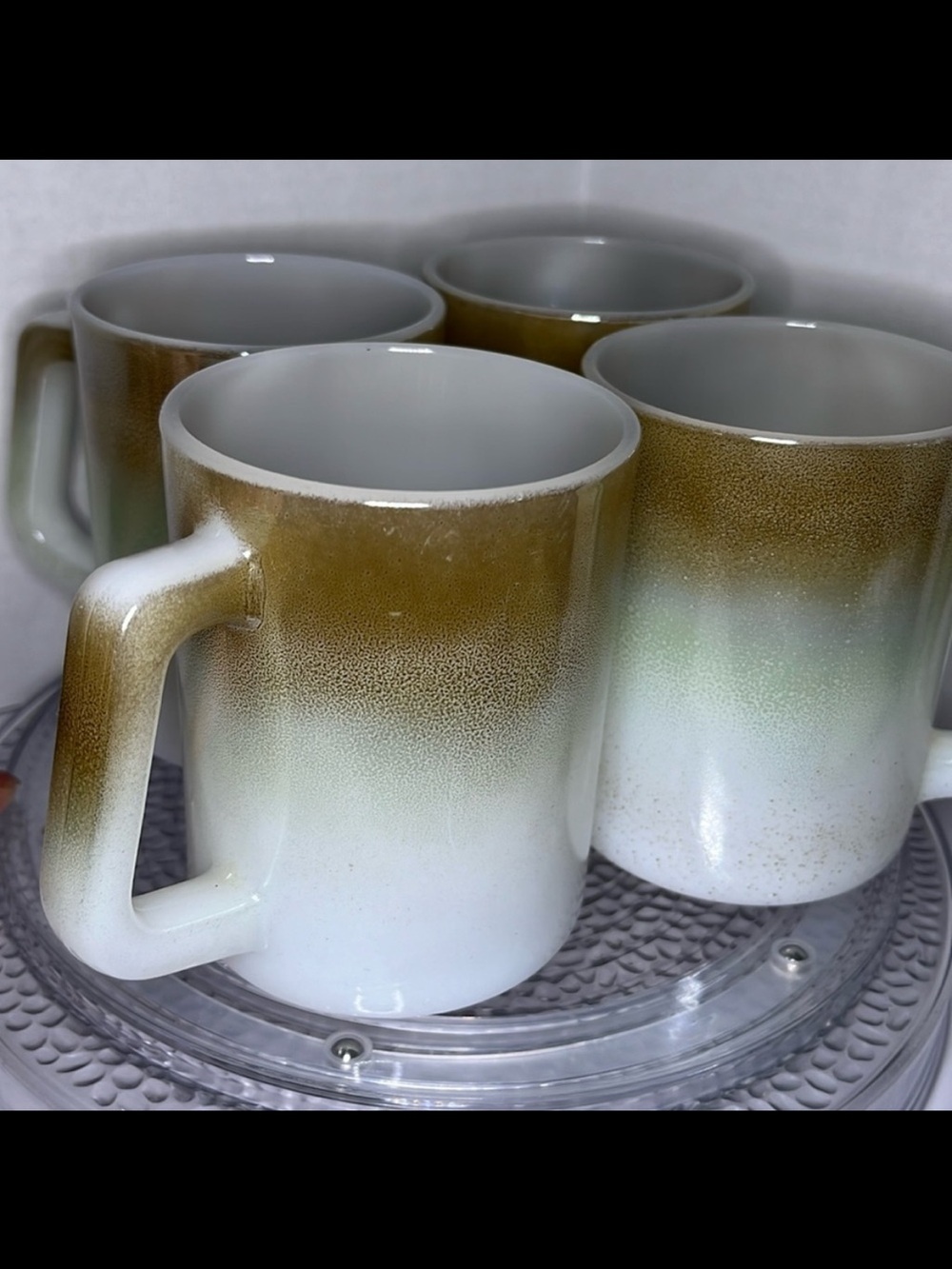 Four MCM Federal Milk Glass Coffee Mugs - Green and Brown Ombre